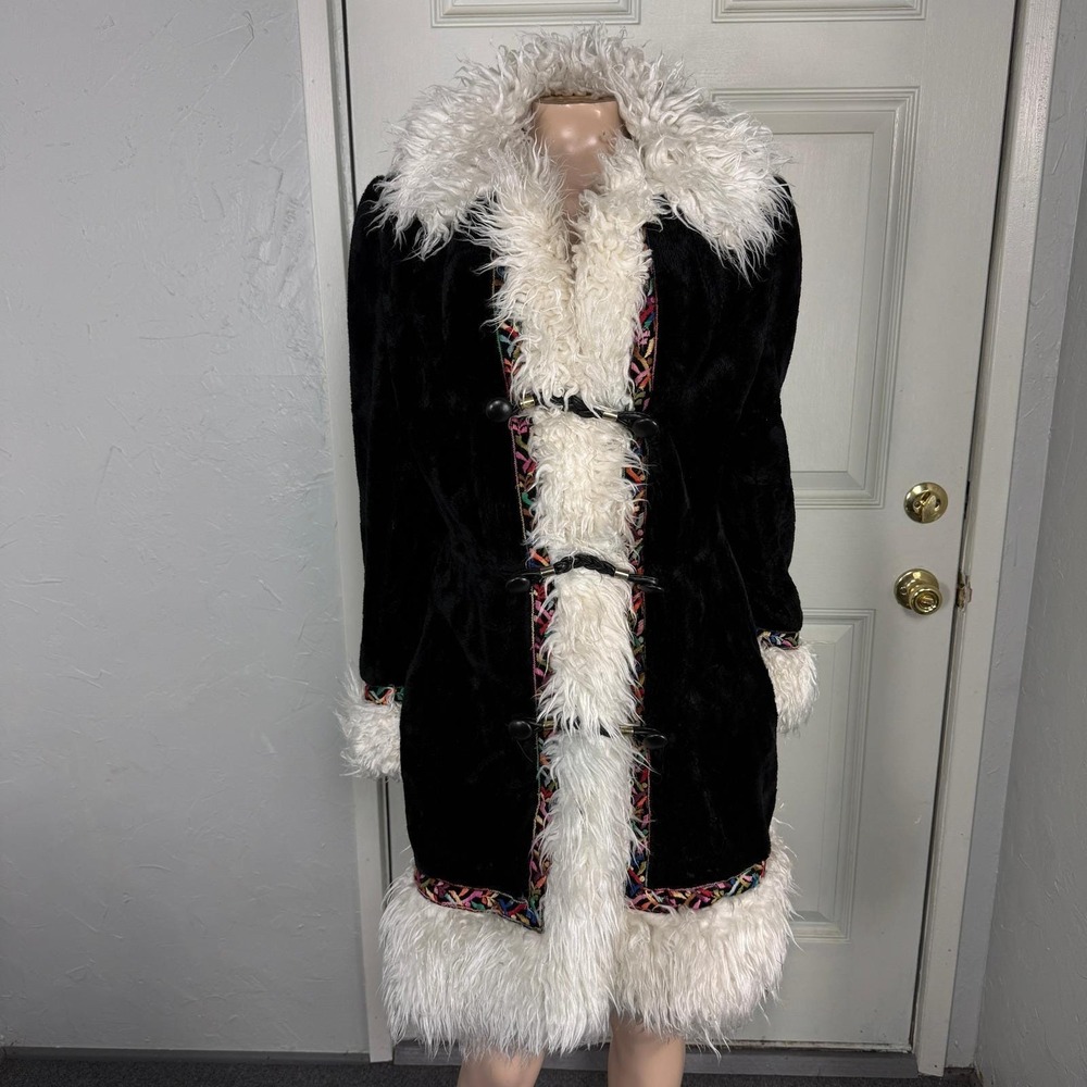 Vintage 60s 70s Borg Penny Lane Jacket Faux Fur Leather Button Velvet Embroider